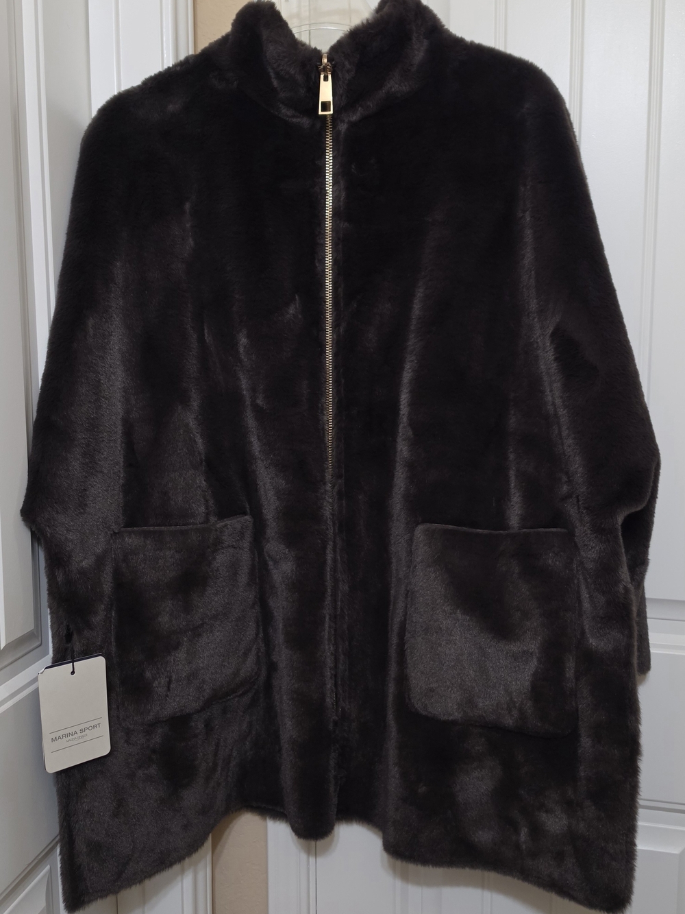 Marina Rinaldi Black Faux Fur Zip-Front Reversible Cape Coat, NWT, Size 20